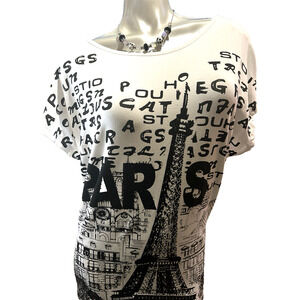 Women’s Paris White And Black Beaded Short Sleeve Soft T-Shirt In Size Large 12